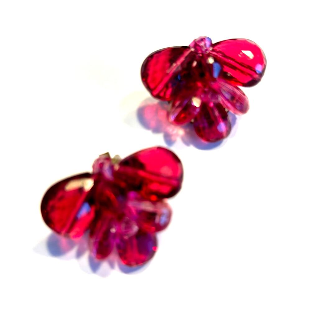 Clip on earrings hallmarked Germany red & pink faceted plastic beads on goldtone